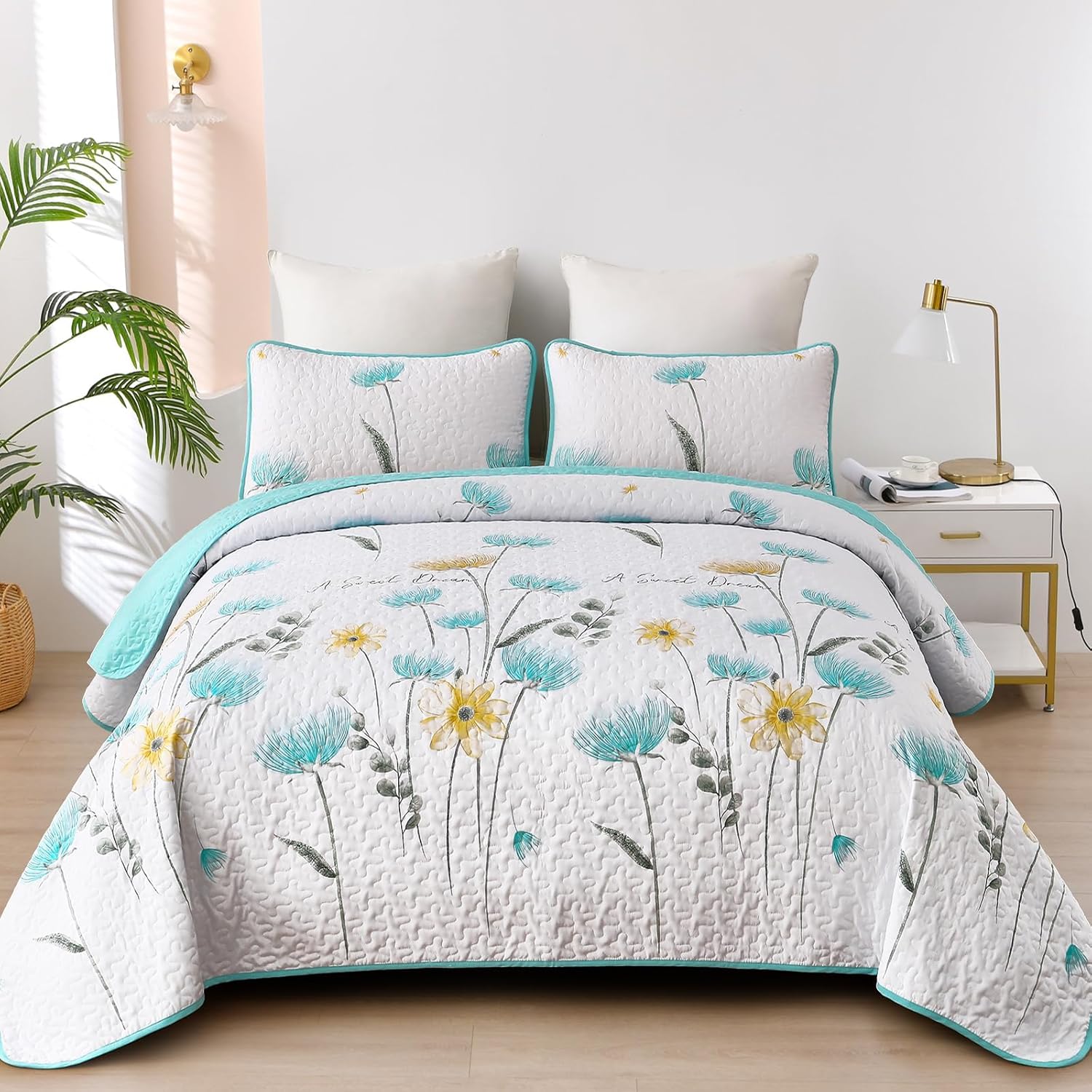 Dinjoy Floral King Quilt Set 3 Piece Aqua Farmhouse Bedding 1