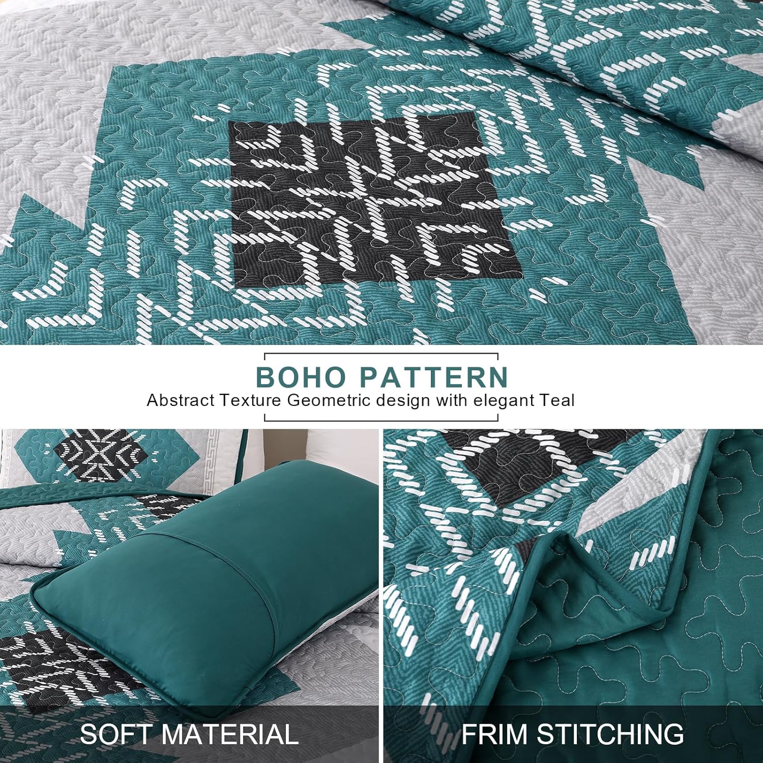 Dintszyayue Teal Boho Quilt Set 3 Pieces King Size