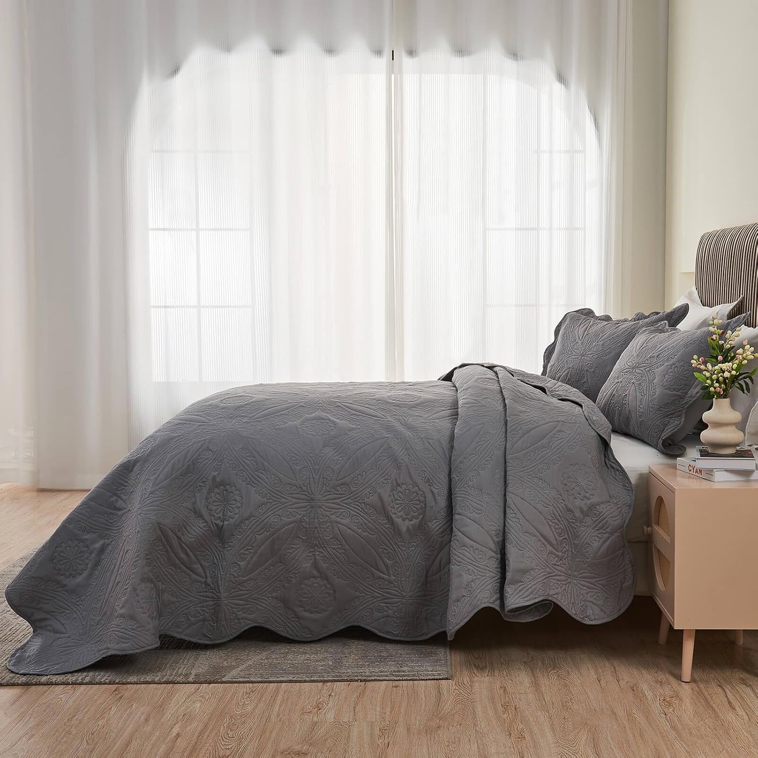 Kingnex Oversized King Bedspread Set 3 Piece Dark Grey 1