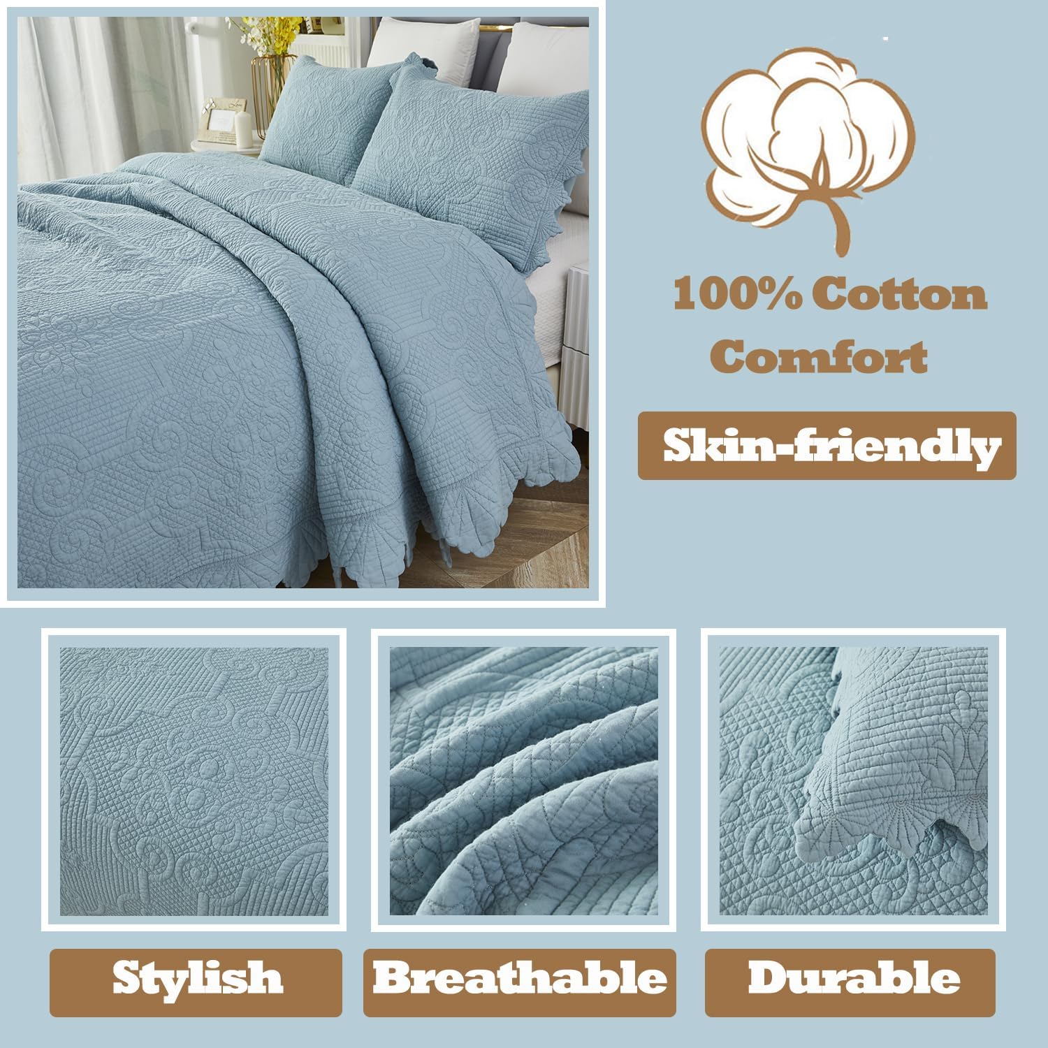 Brandream Queen Size Quilt Set 3-Piece 100 Cotton