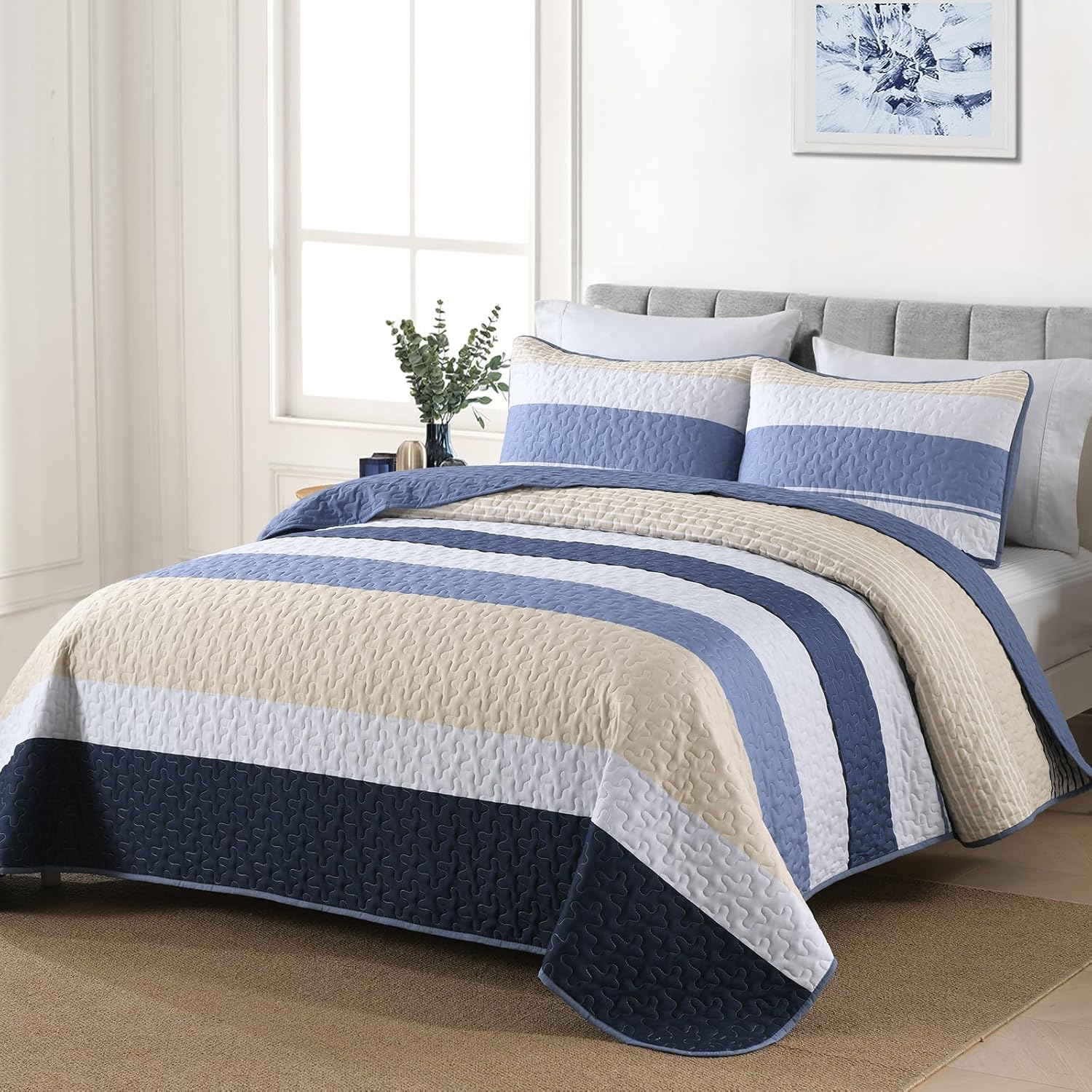 Dinjoy Blue King Quilt Set - Boho Beige Striped Lightweight 3 Piece Bedding