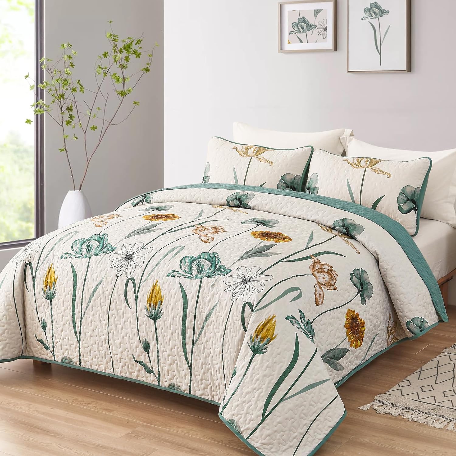 WONGS BEDDING Floral Queen Quilt Set with 2 Pillowcases
