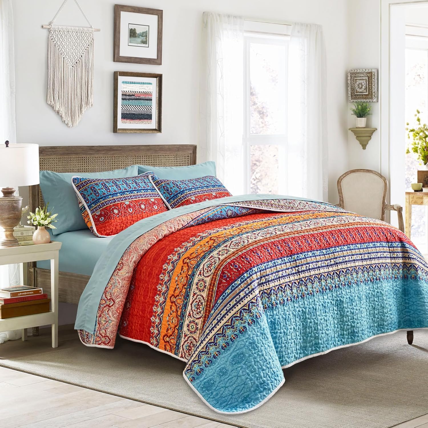Tititada Twin Quilt Set 2 Pieces Reversible Striped Blue and Red Microfiber