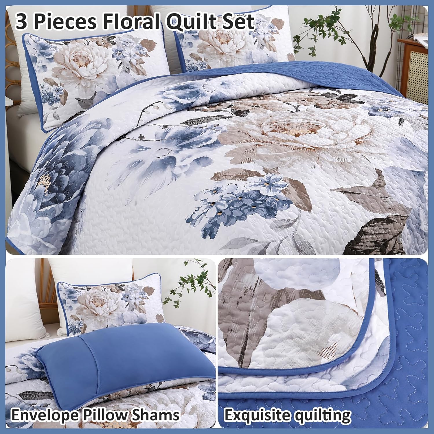 Wongs Bedding Blue Floral 3-Piece Quilt Set