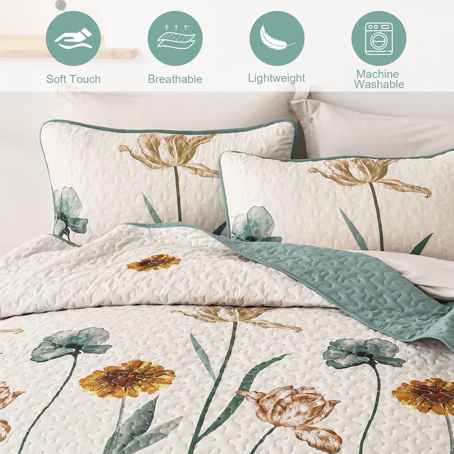 WONGS BEDDING Floral Queen Quilt Set with 2 Pillowcases