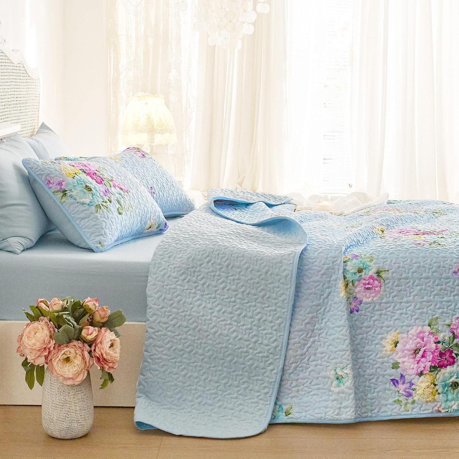 Wake In Cloud Shabby Chic Quilt Set Floral Pattern 3 Pieces QueenFull