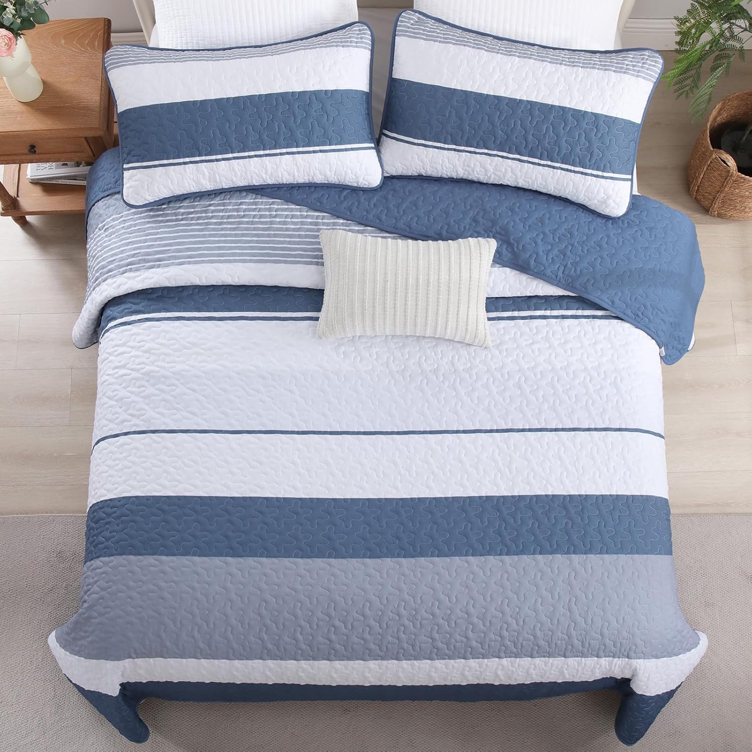 Dinjoy Boho Queen Quilt Set 3 Piece Mineral Blue Striped Bedspread