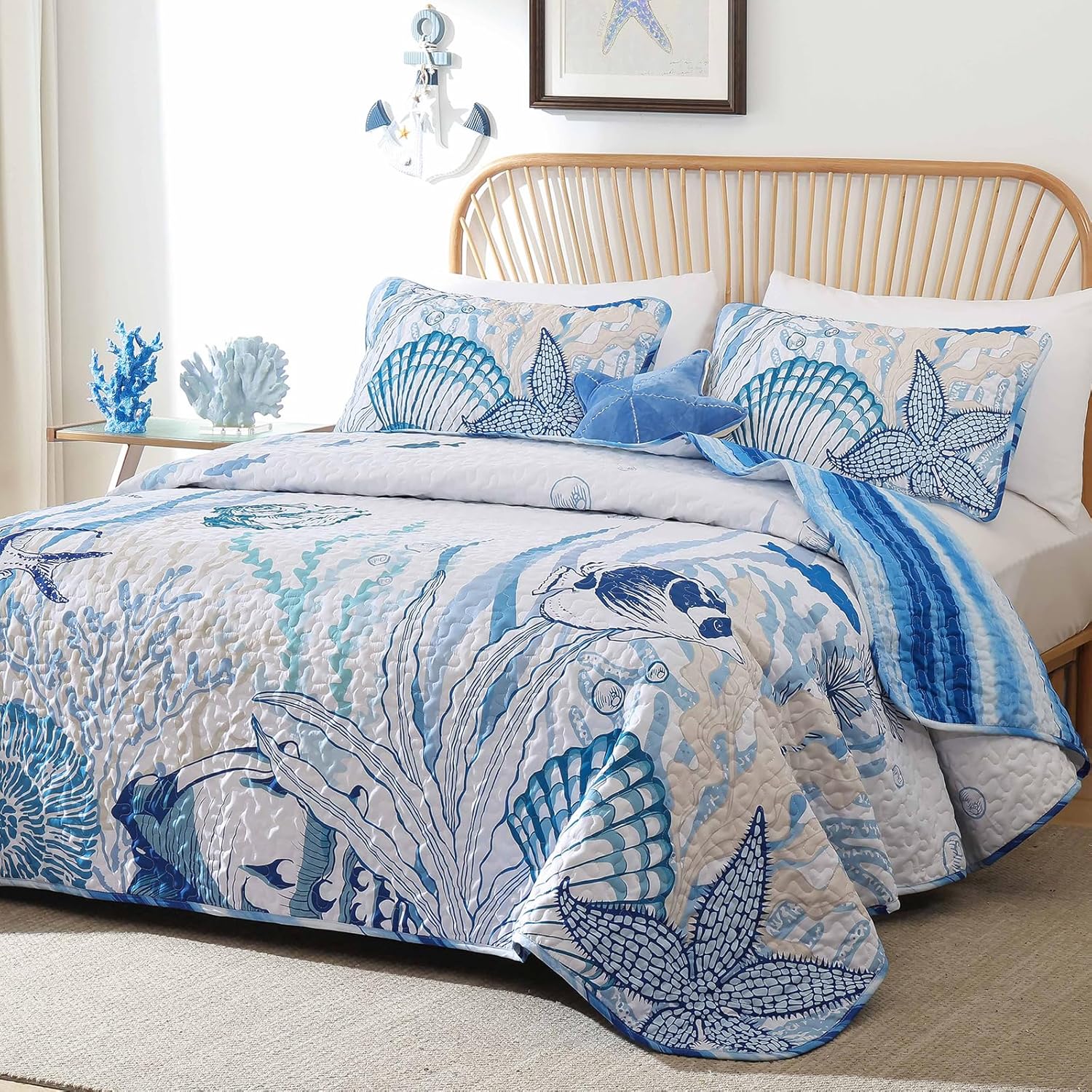 Coastal Quilt Set 3 Piece Queen Size Blue
