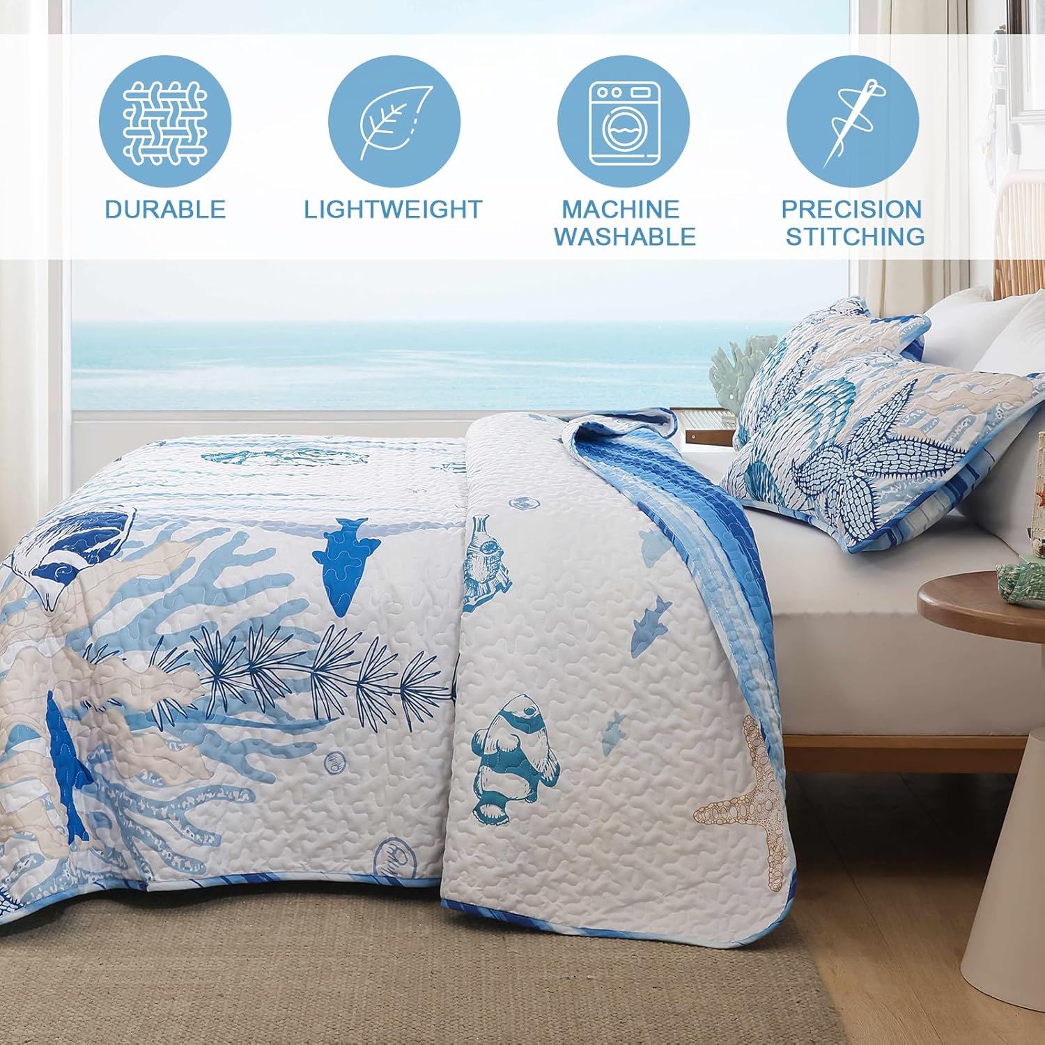 Coastal Quilt Set 3 Piece Queen Size Blue