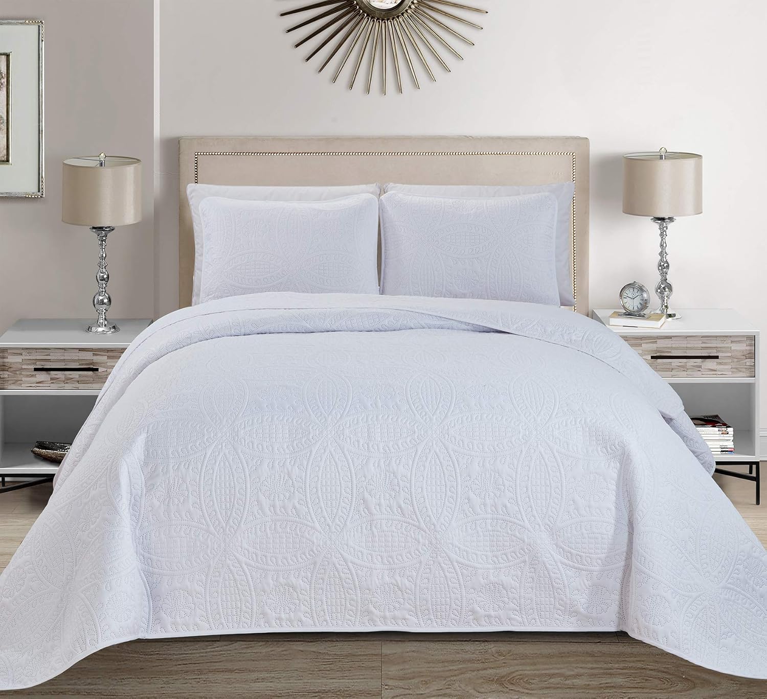 Fancy Linen Embossed Coverlet Set Solid White
