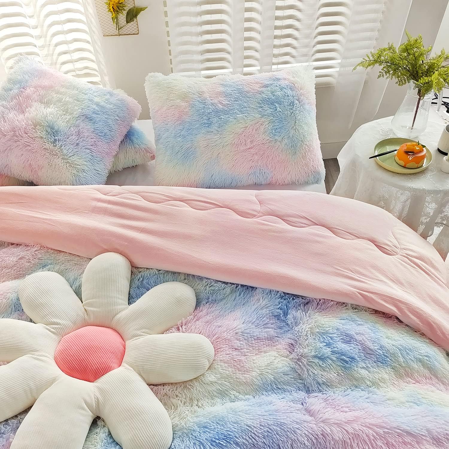 Chovy Kids Girls Faux Fur Rainbow Comforter Set TwinFull 3PC