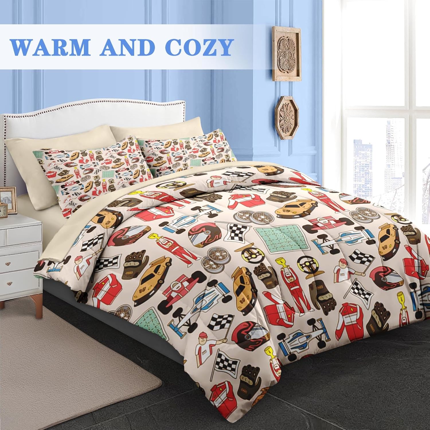 Pamnest Race Car Comforter Set Queen Size 7 Pcs
