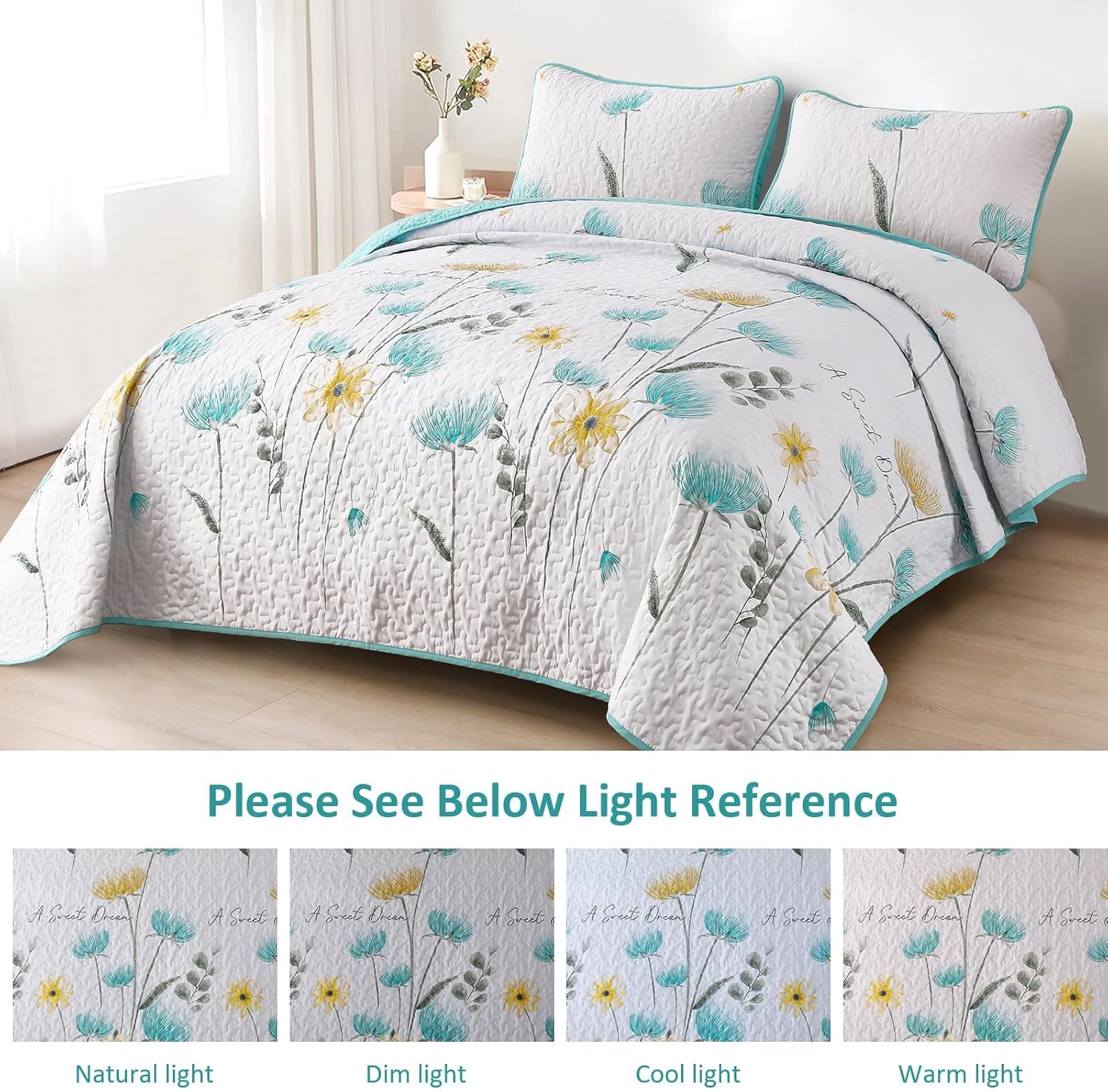 Dinjoy Floral King Quilt Set 3 Piece Aqua Farmhouse Bedding 1