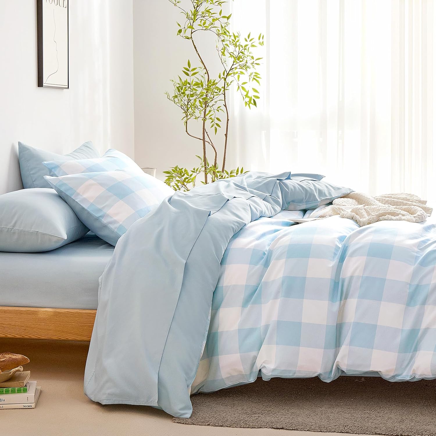 Wake In Cloud - Gingham Duvet Cover Set Light Blue White TwinTwin XL