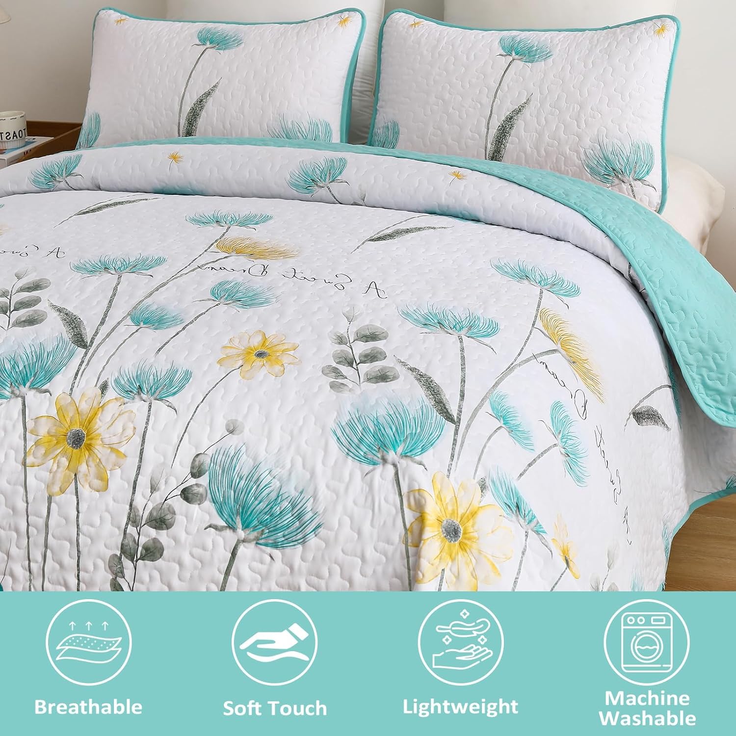 Dinjoy Floral King Quilt Set 3 Piece Aqua Farmhouse Bedding 1