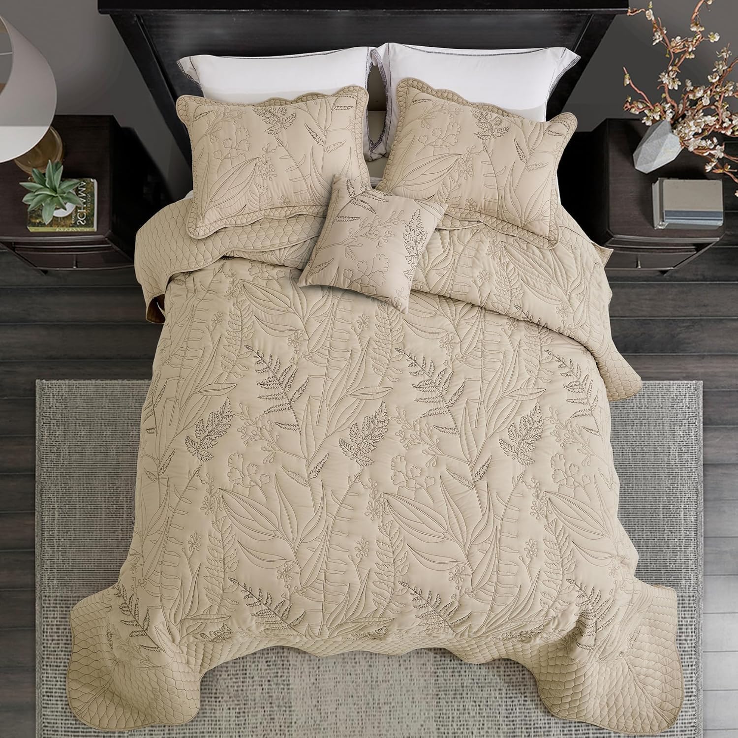 Botanical Bedspread Full Size Set - Leaves Pattern Stitched Quilt Cover