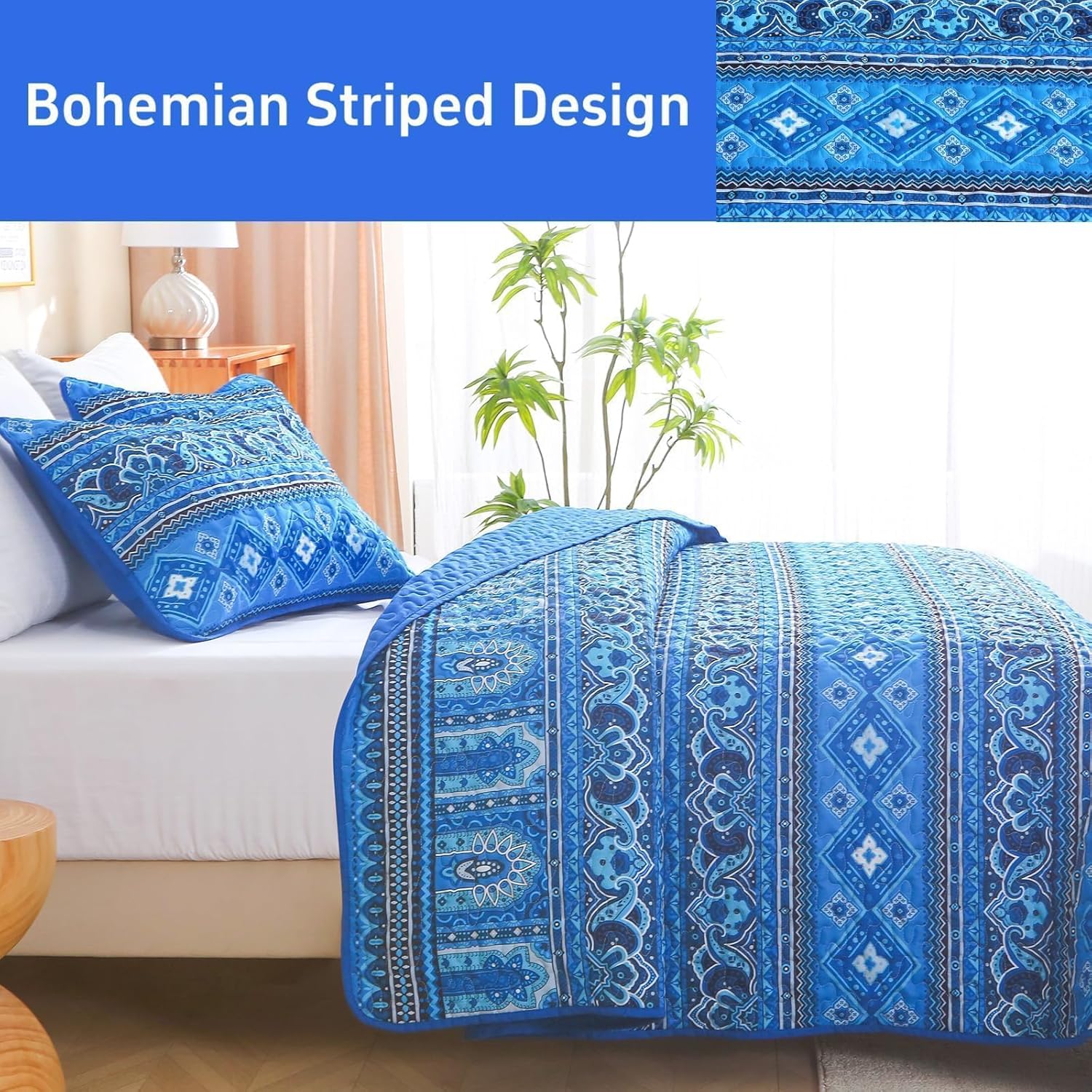 Heymybed Boho Quilt Set Queen Size 3Pc Reversible Blue