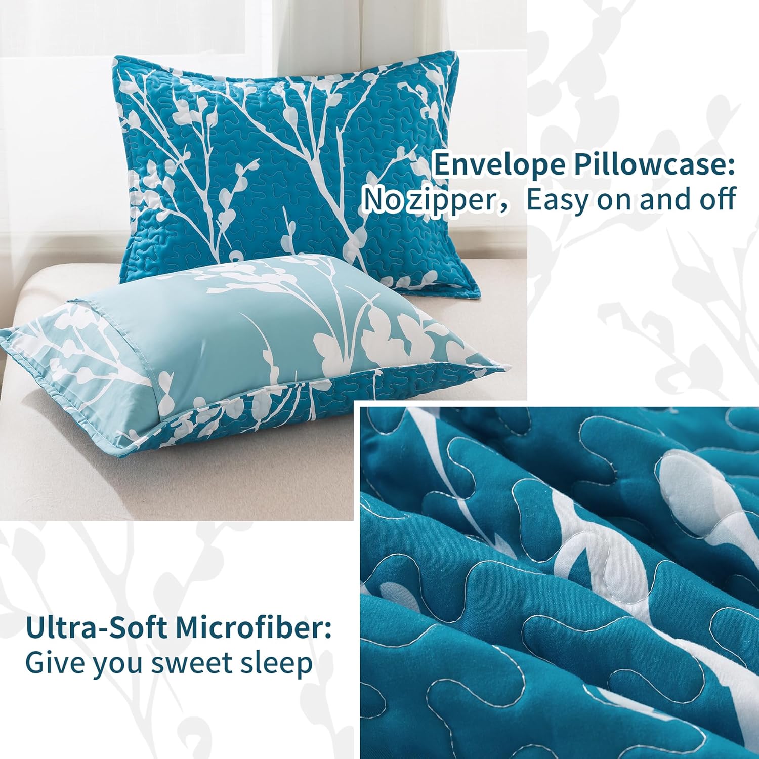 Andency Teal Blue Quilt Set with Pillowcases