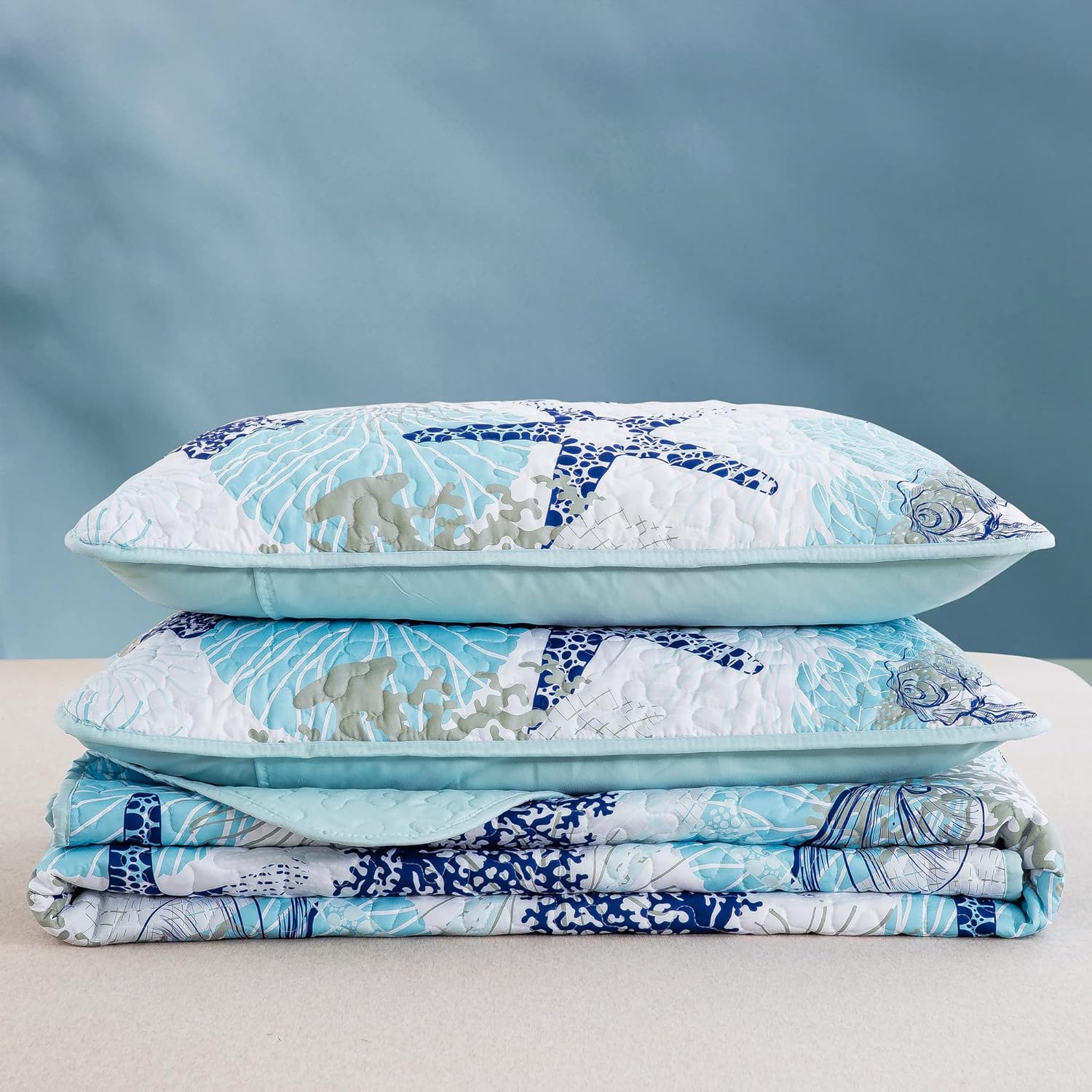 Dinjoy Coastal Quilt Set Full Size Blue Ocean 1