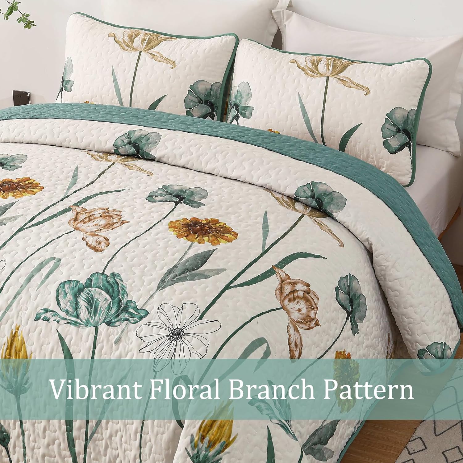 WONGS BEDDING Floral Queen Quilt Set with 2 Pillowcases