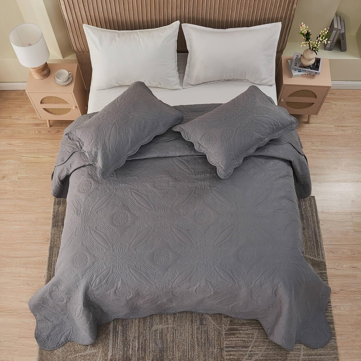 Kingnex Oversized King Bedspread Set 3 Piece Dark Grey 1