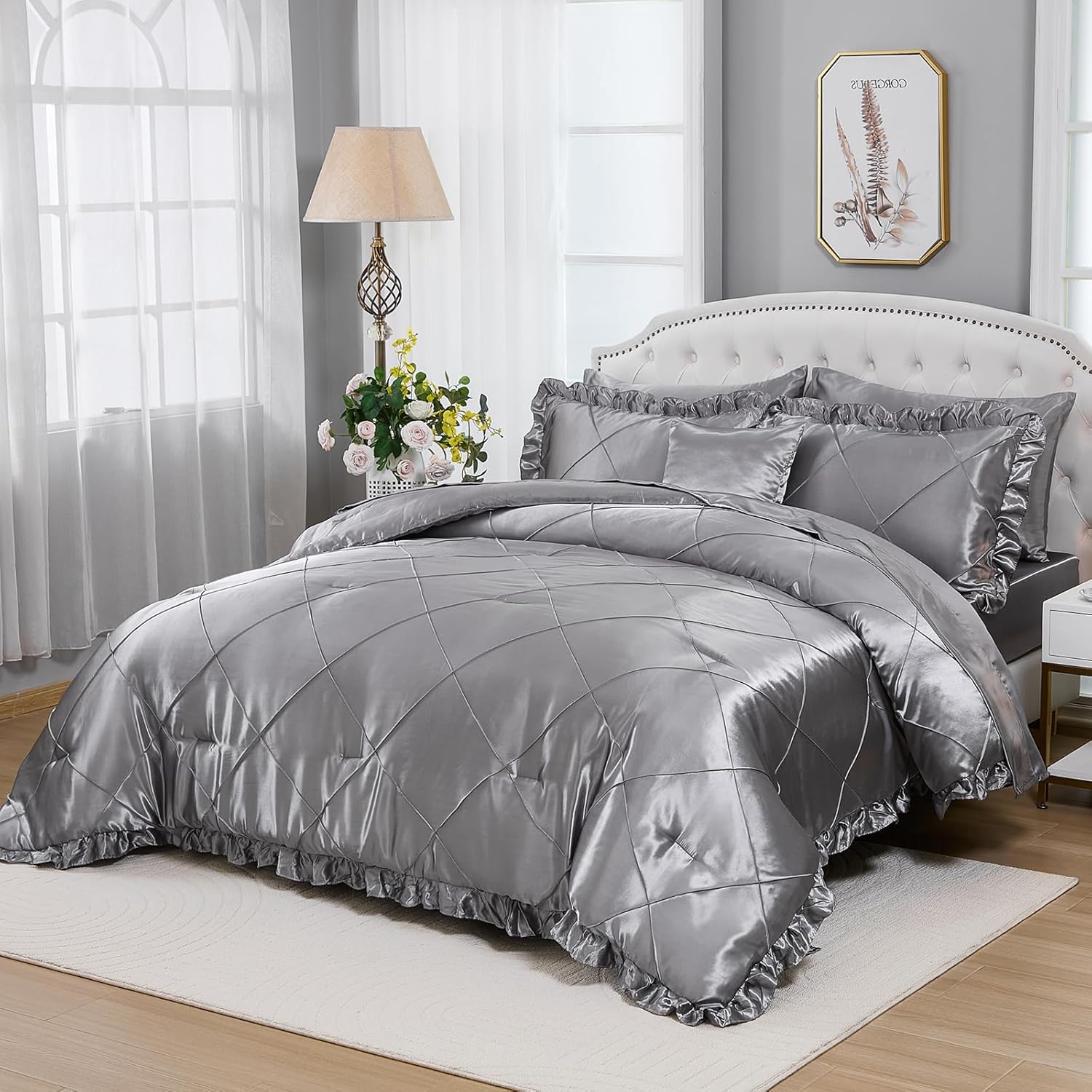 Grey Queen Comforter Set with 8 Pcs Satin Bedding