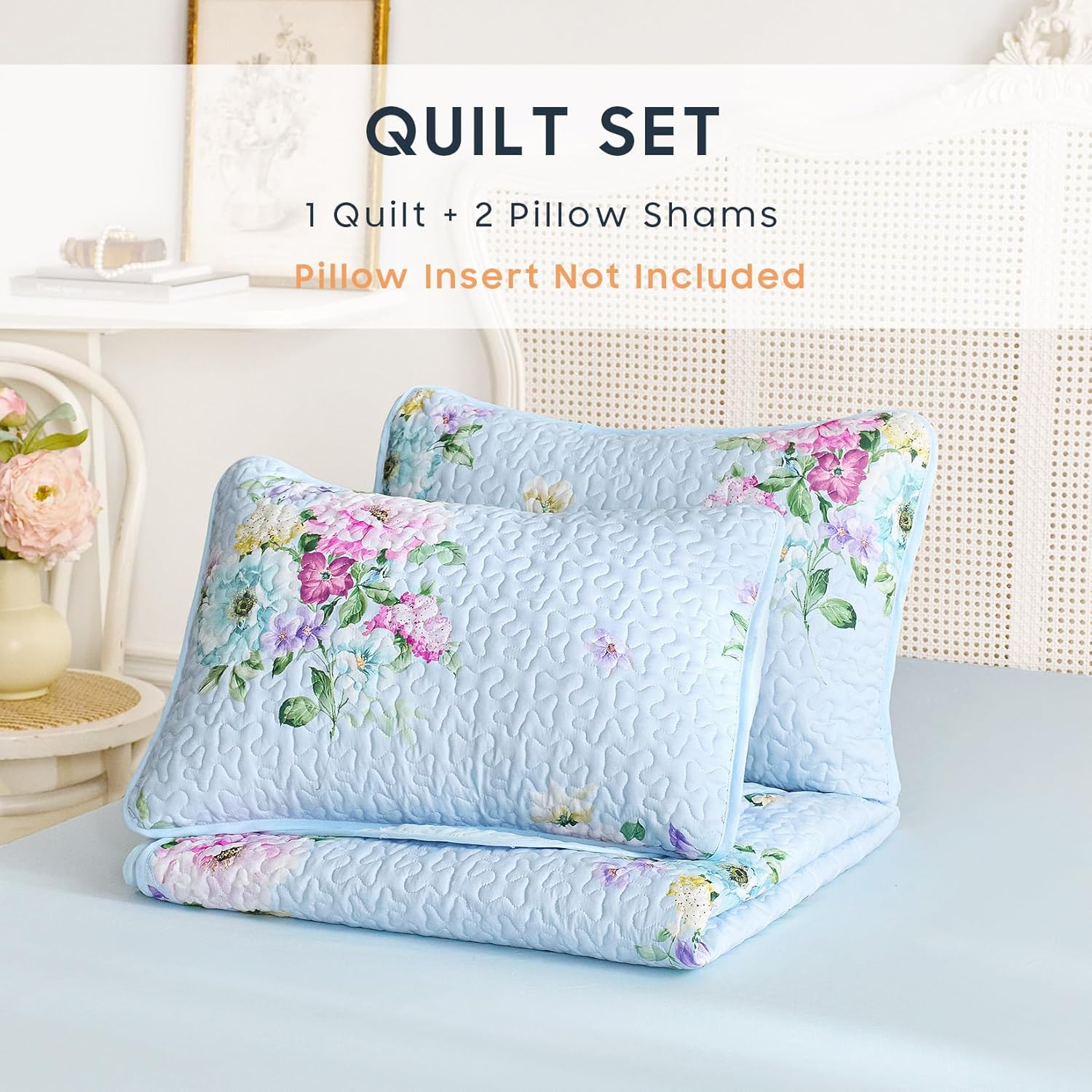 Wake In Cloud Shabby Chic Quilt Set Floral Pattern 3 Pieces QueenFull