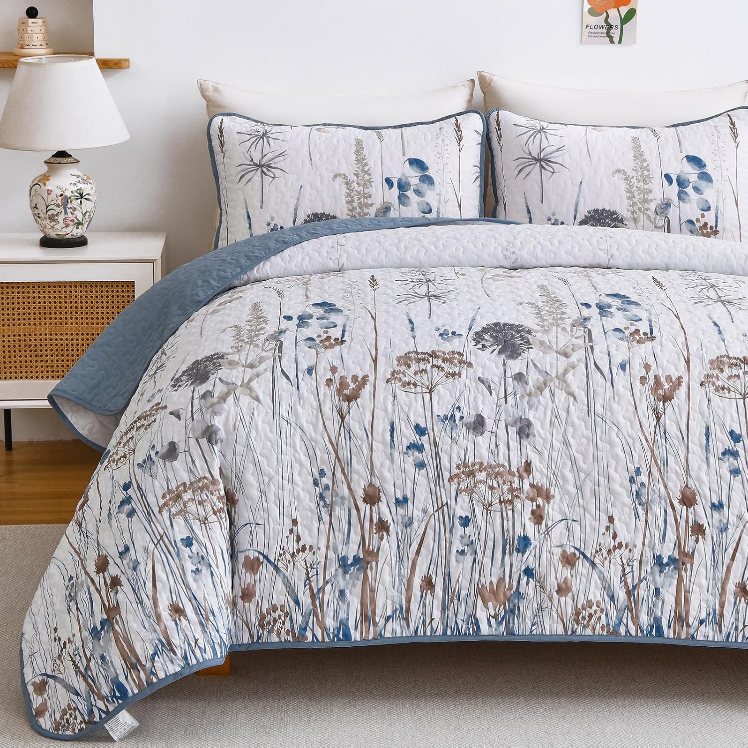 Dobuyly Blue Floral King Quilt Set 3pcs