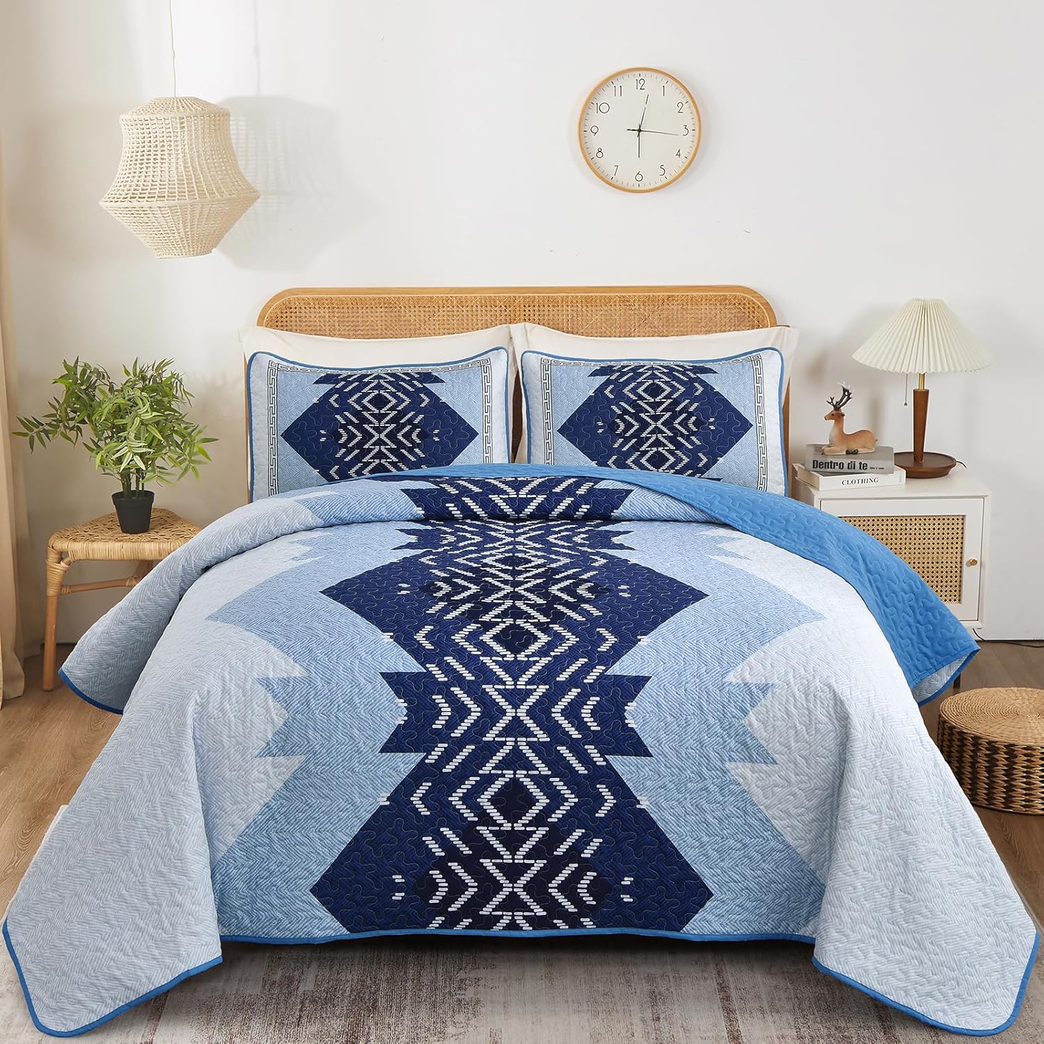 Dintszyayue Blue Boho Quilt Set Queen Size 3 Piece