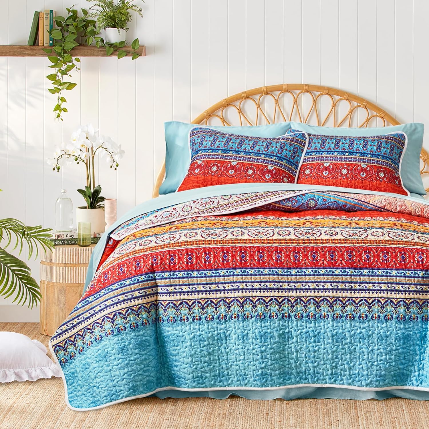 Tititada Twin Quilt Set 2 Pieces Reversible Striped Blue and Red Microfiber