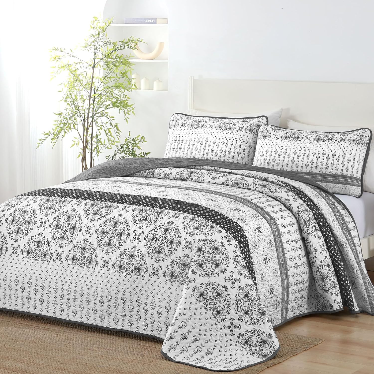 Dintszyayue Boho Quilt Set Queen Size Grey Striped