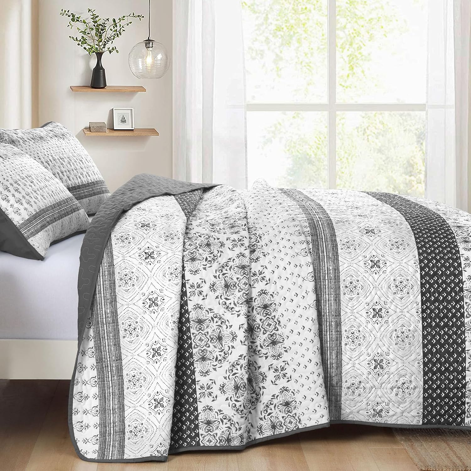 Dintszyayue Boho Quilt Set Queen Size Grey Striped