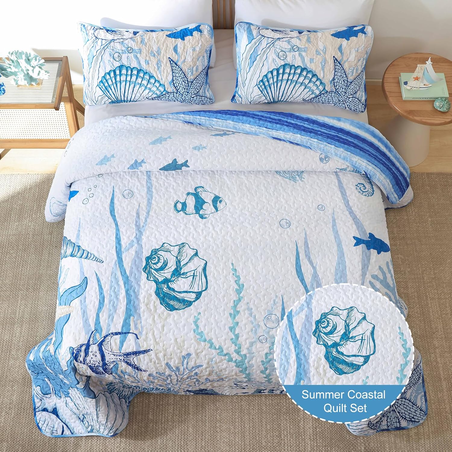 Coastal Quilt Set 3 Piece Queen Size Blue