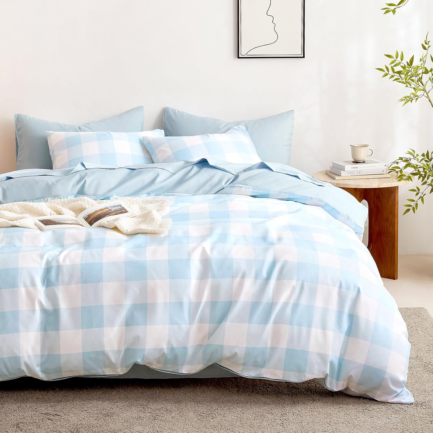 Wake In Cloud - Gingham Duvet Cover Set Light Blue White TwinTwin XL