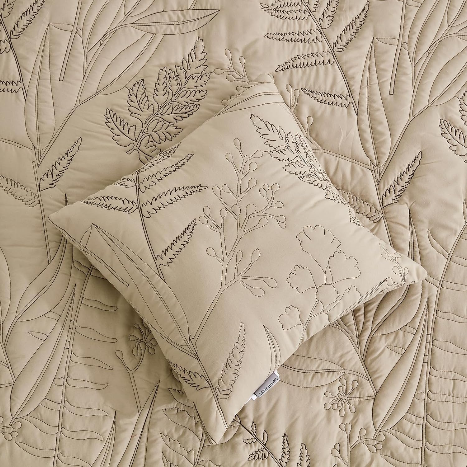 Botanical Bedspread Full Size Set - Leaves Pattern Stitched Quilt Cover