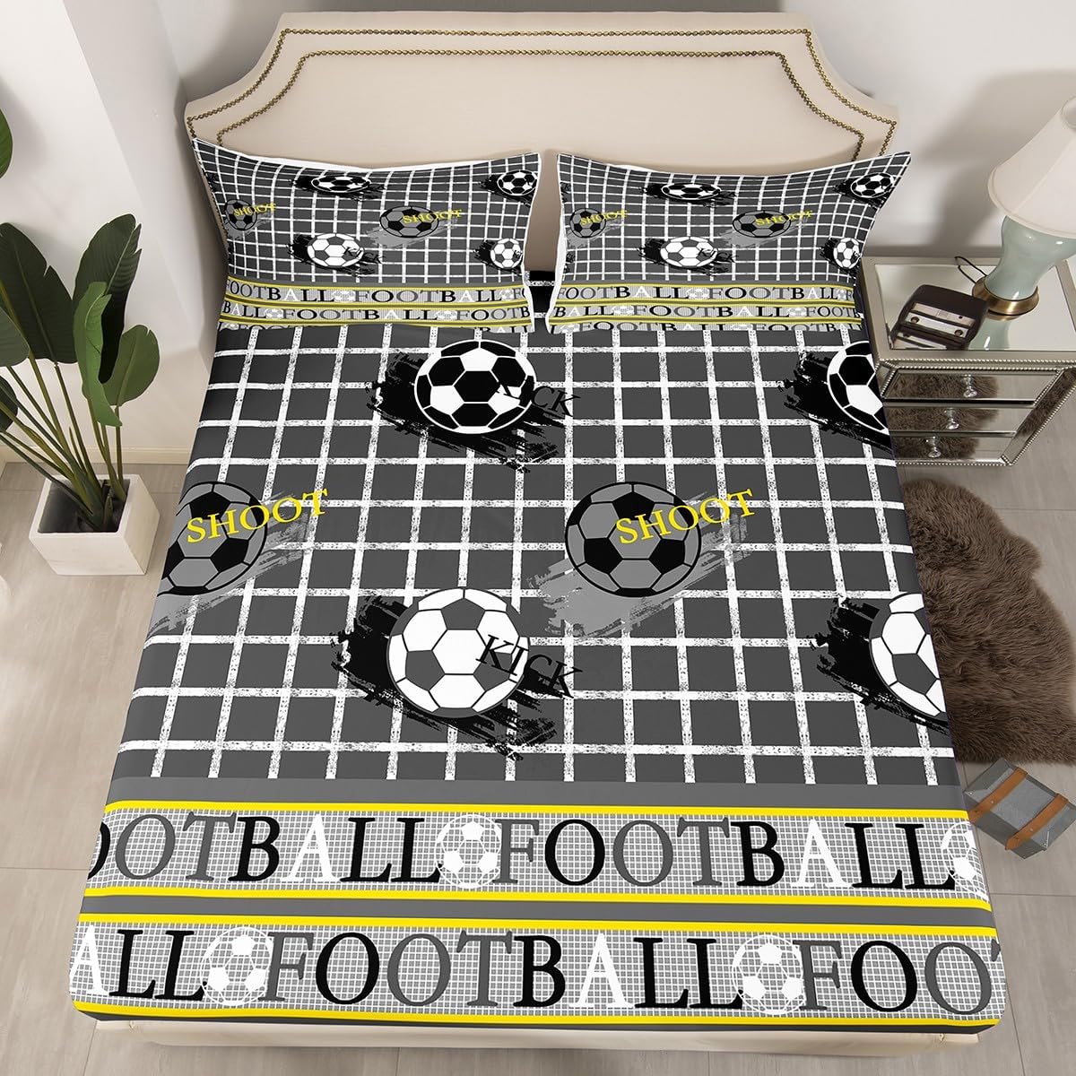 Football Bed Sheets Set Grey Yellow Fitted Sheet Pillowcases