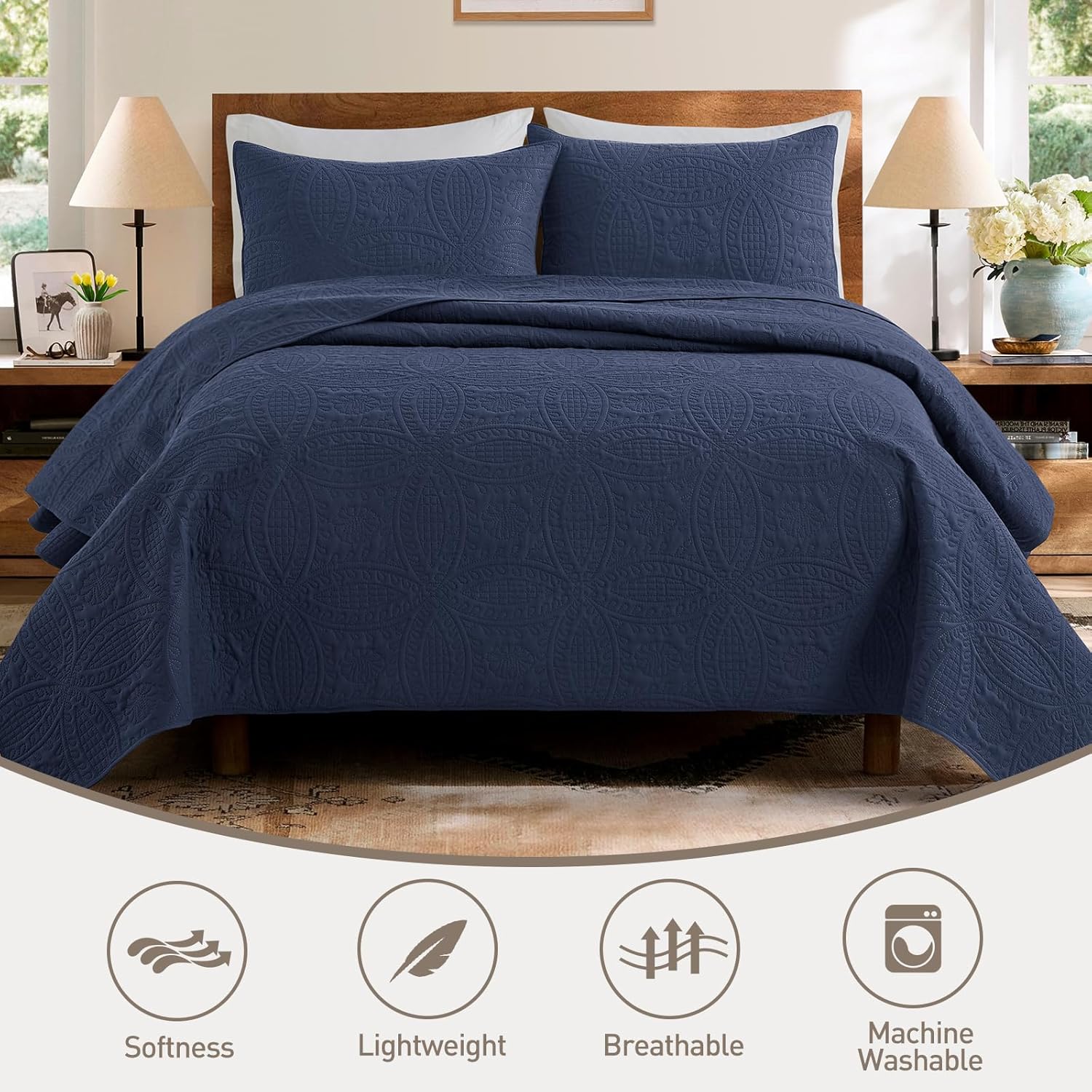 Safonory Quilt Set Queen Size - Navy 90x96