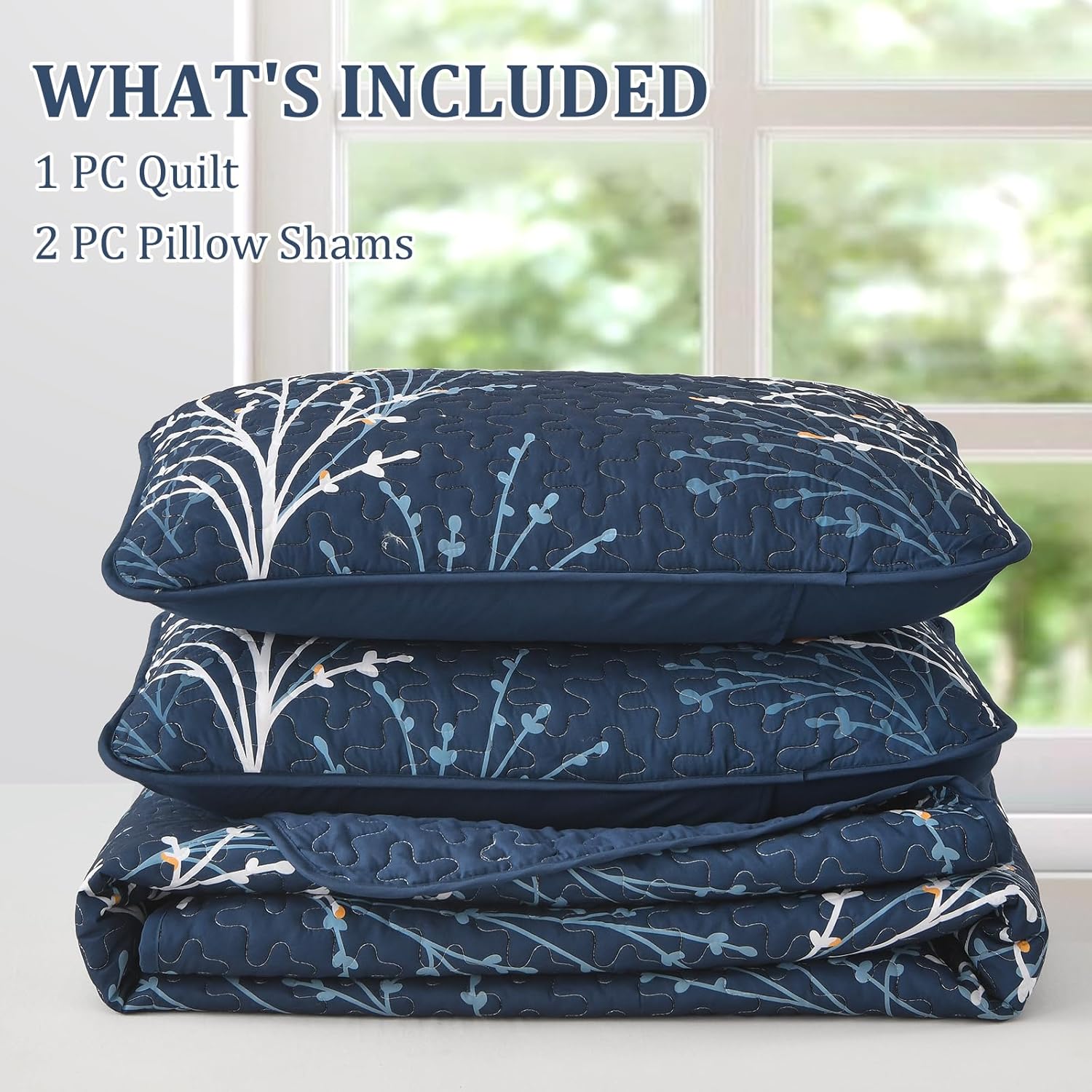 Navy Botanical Quilt Set - 3 Piece Microfiber Reversible Bedding 1
