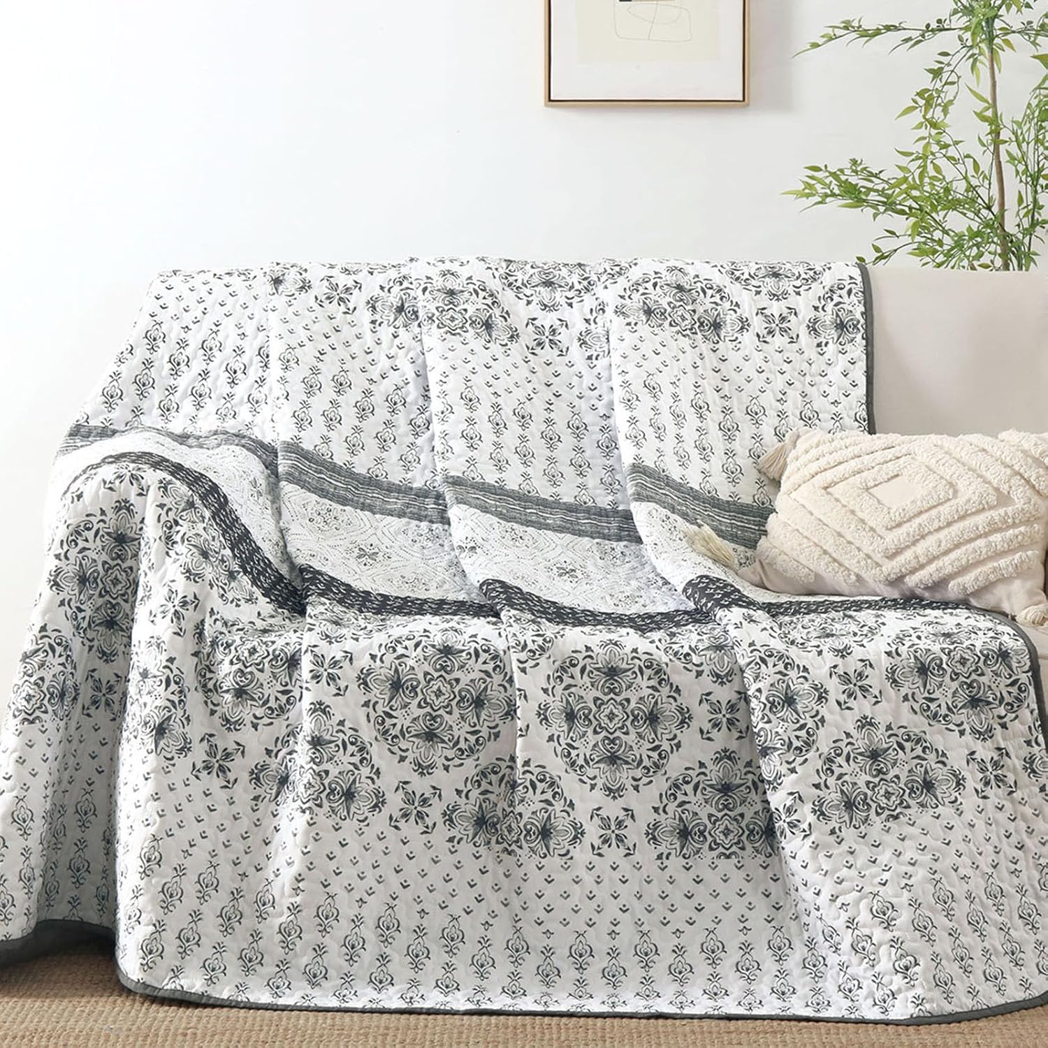 Dintszyayue Boho Quilt Set Queen Size Grey Striped