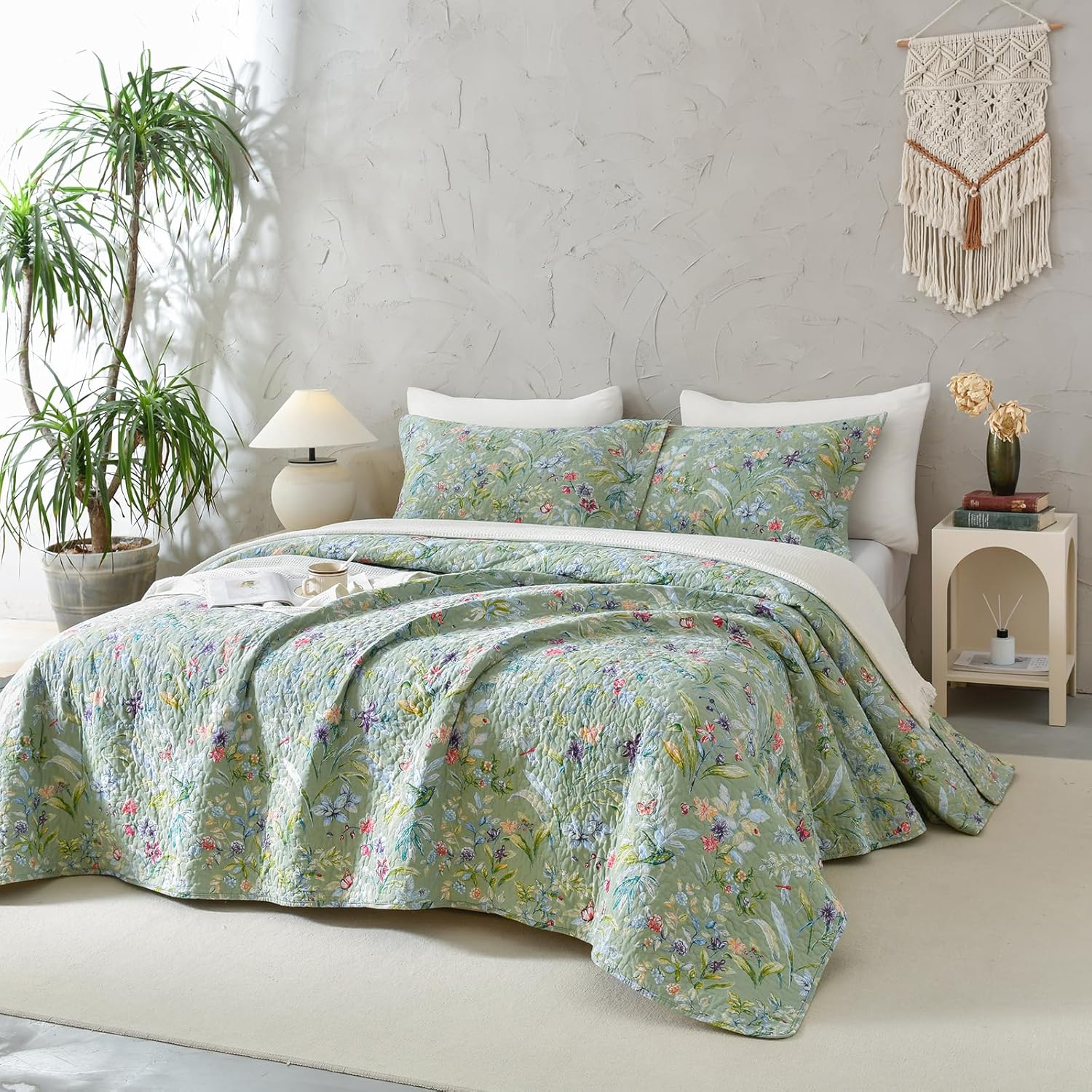 QSH Cotton Floral Queen Bedspread Set 3Pcs Green Summer