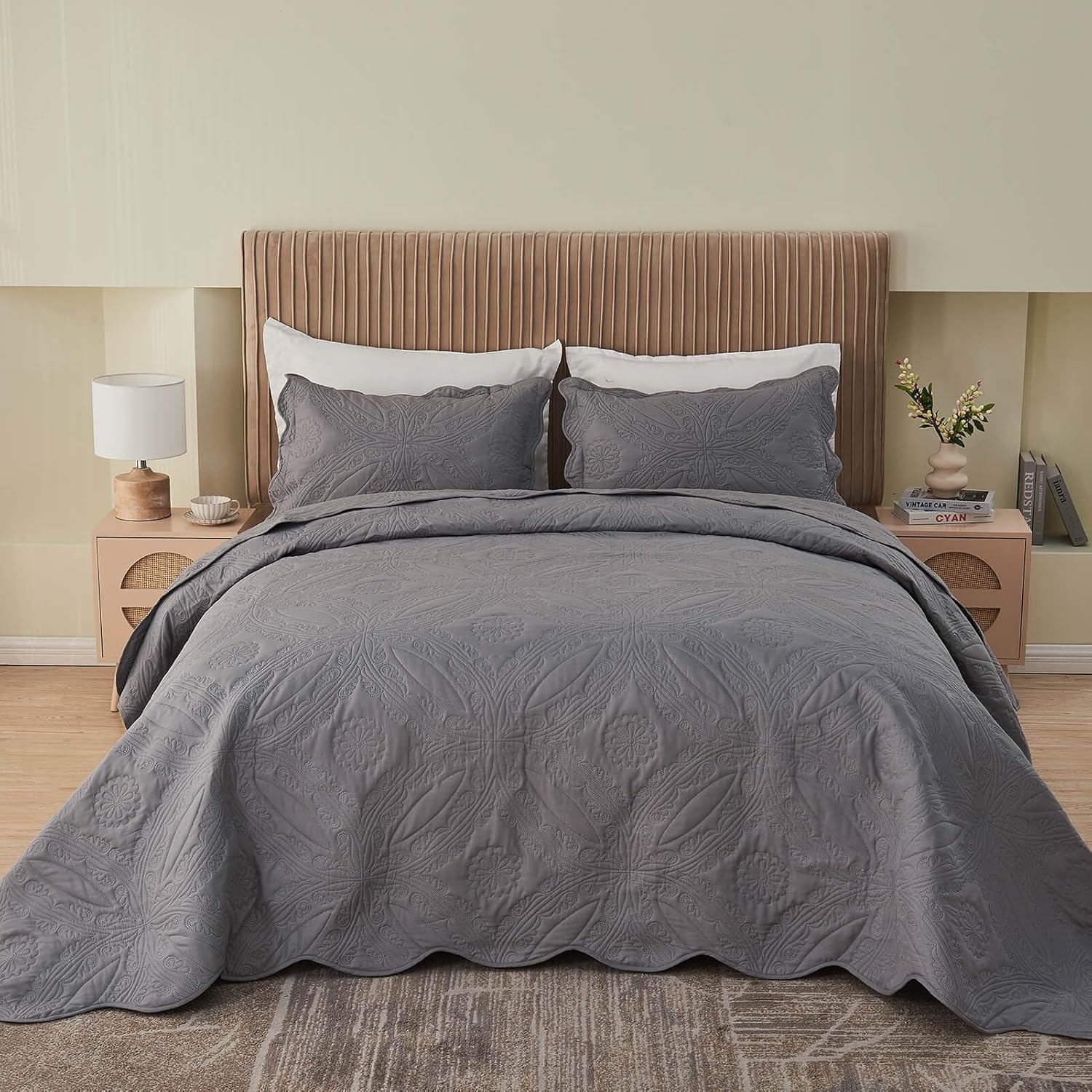 Kingnex Oversized King Bedspread Set 3 Piece Dark Grey 1
