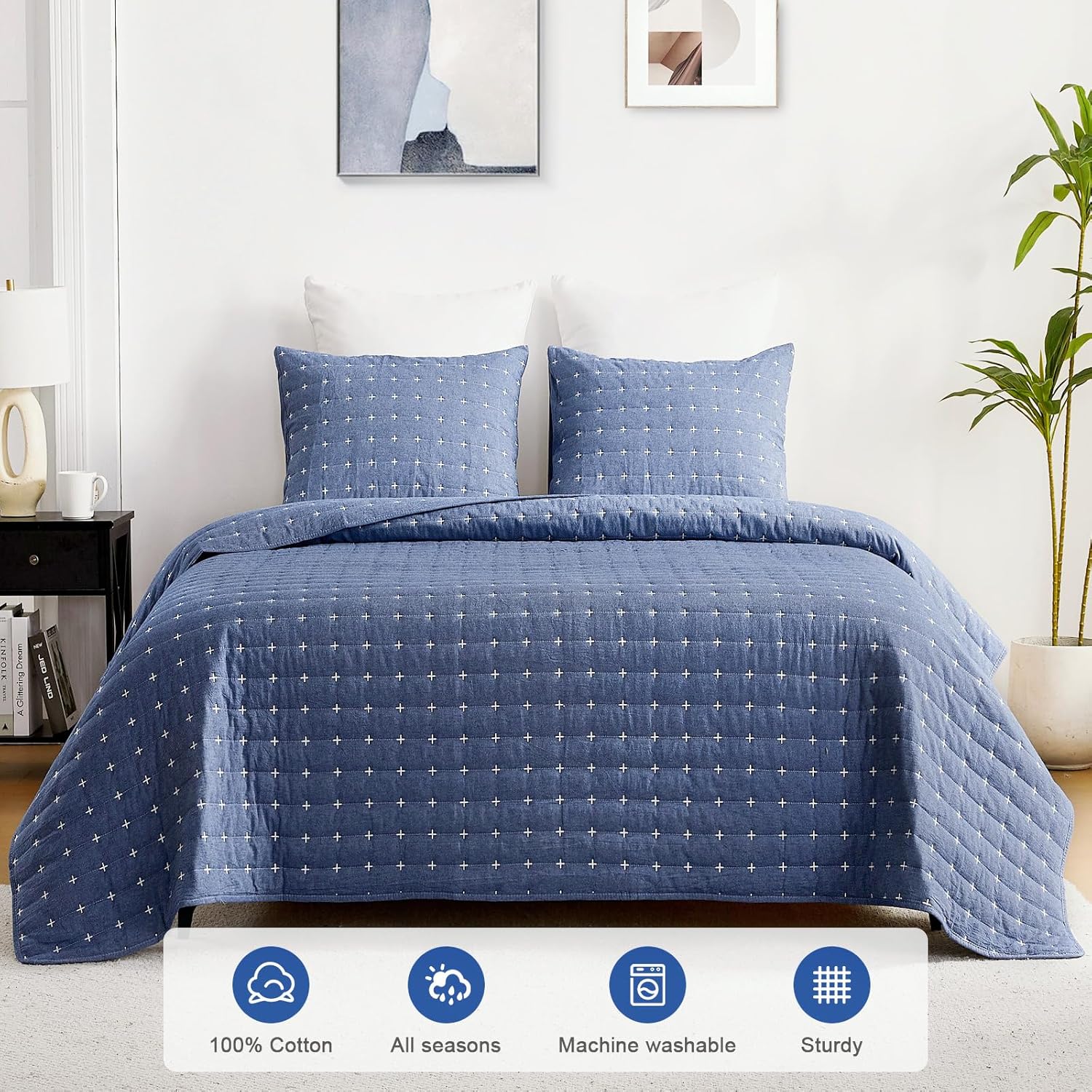 Blue 100 Cotton Queen Quilt Set with Shams