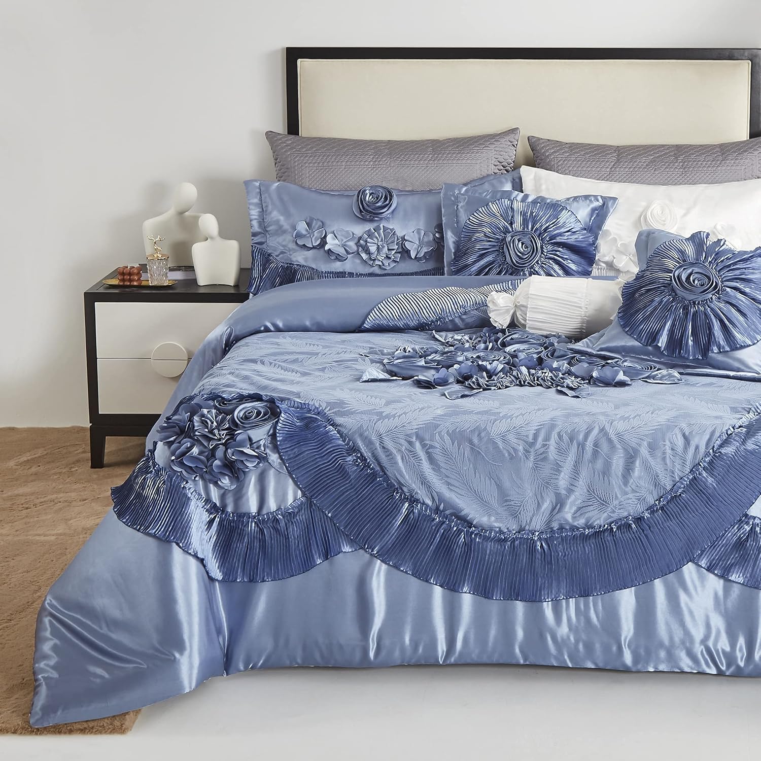 Tache Satin Floral Lace Ruffle Comforter Set King Blue
