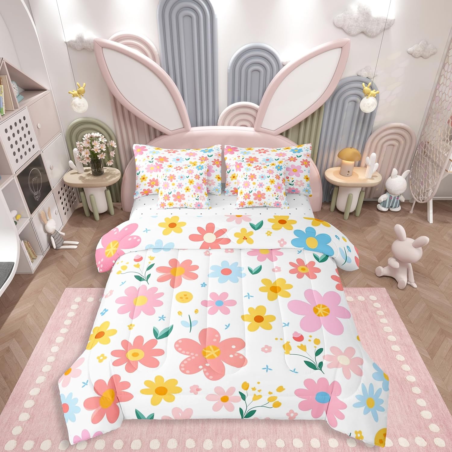 Feelyou Cute Flower Comforter Set Kids 7 Piece Bed in a Bag