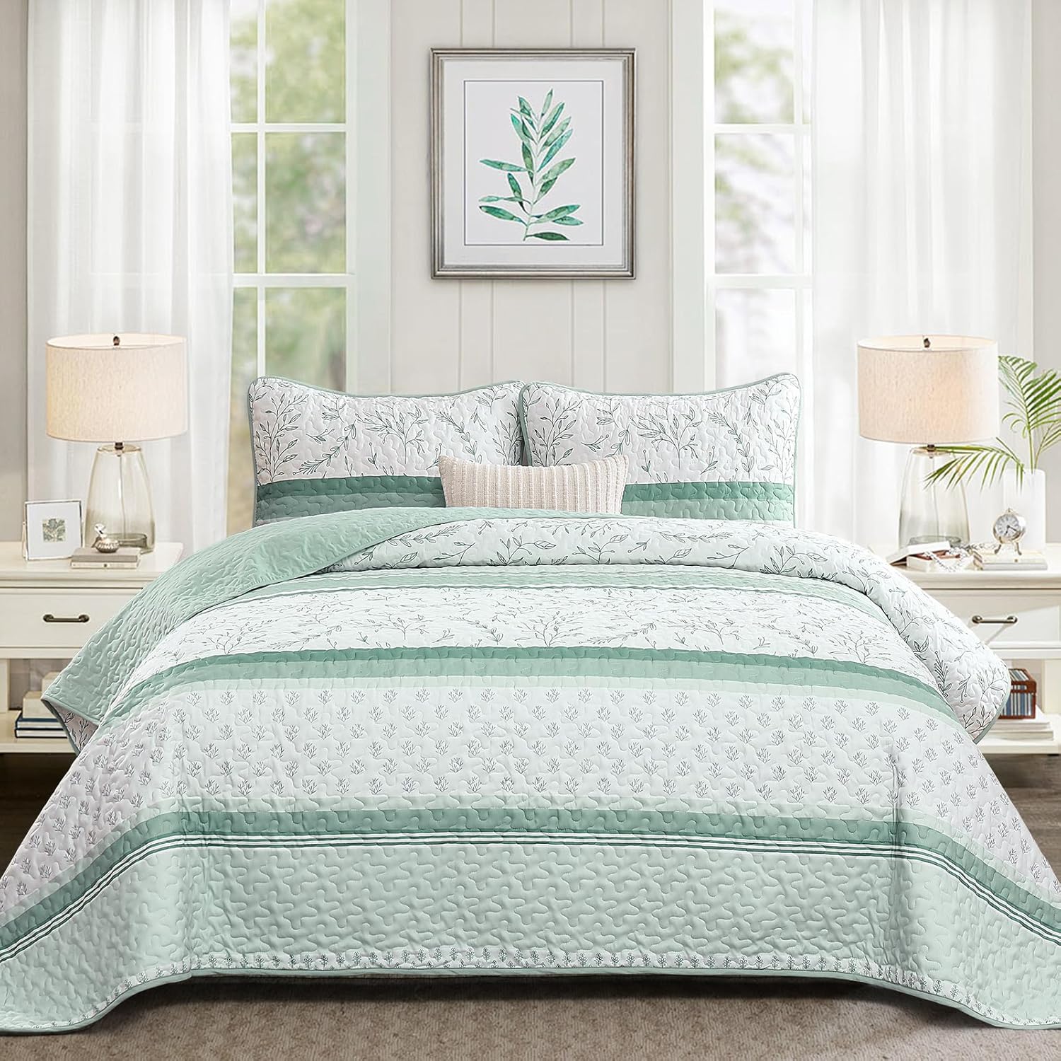 DJY Green Striped King Size Quilt Set with 2 Pillowcases