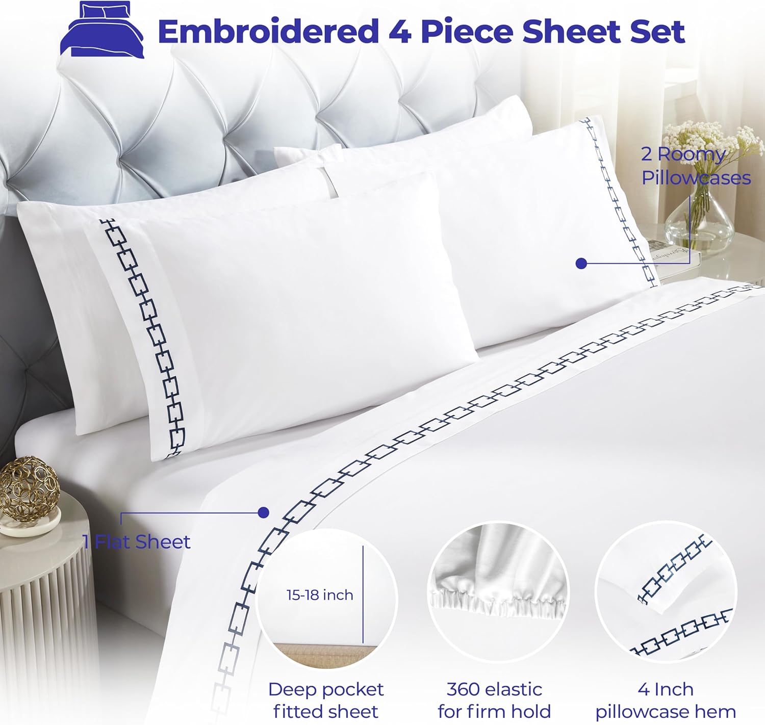 Superior Embroidered Cotton Sheet Set California King WhiteNavy Blue