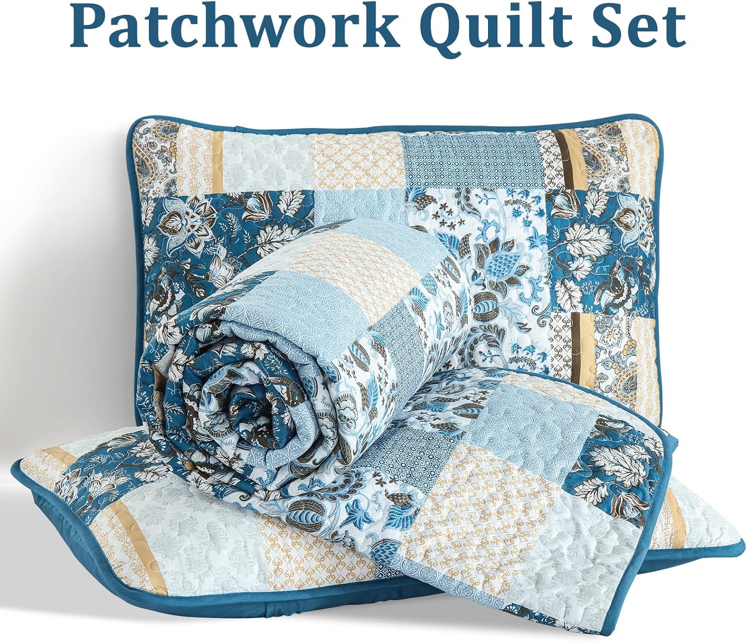 WONGS BEDDING Blue Plaid Patchwork Quilt Set Queen 3 Pieces