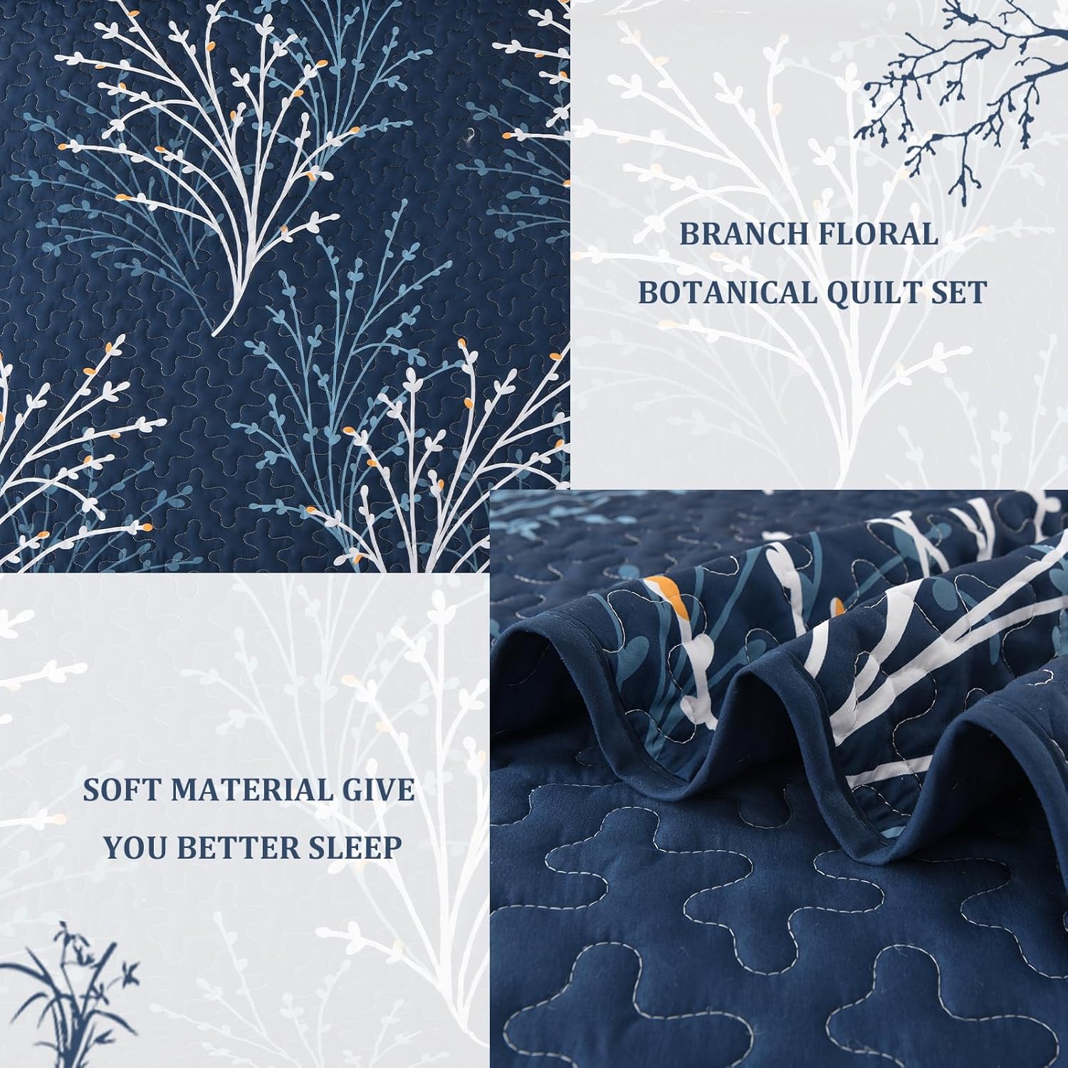 Navy Botanical Quilt Set - 3 Piece Microfiber Reversible Bedding 1