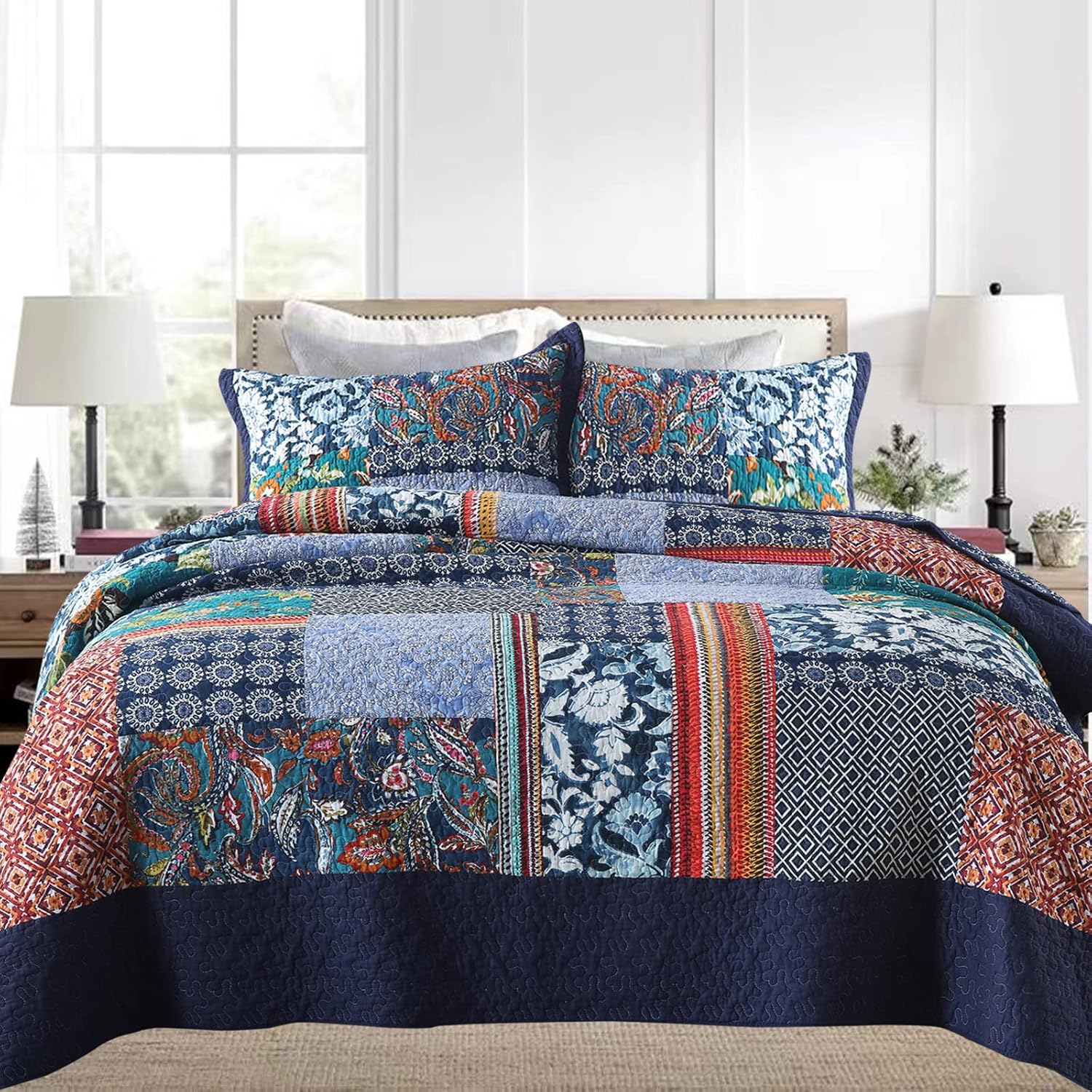 Yvooxny Reversible Cotton Quilt Set Queen Size 3-Piece