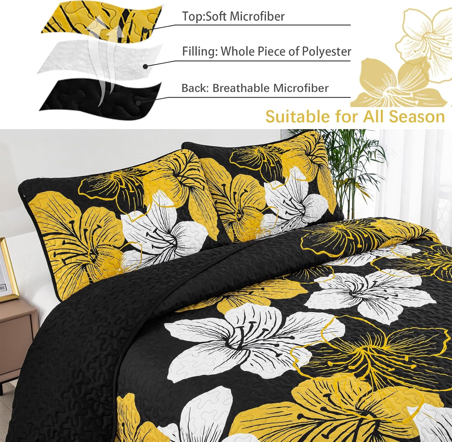 DJY 3 Piece Quilt Set Cal King Gold Floral
